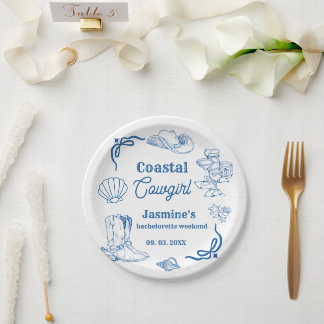Coastal cowgirl Blue Ocean Bachelorette weekend Paper Plate (Wedding)