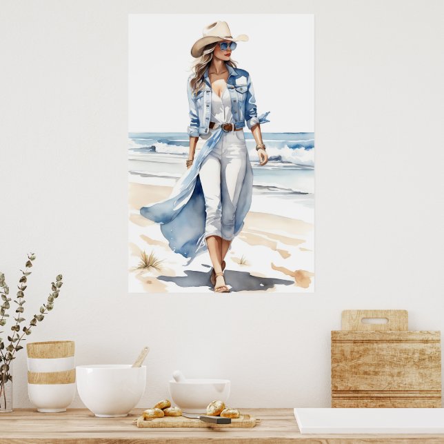 Coastal Cowgirl Blue, White & Denim Watercolor  Poster (Kitchen)