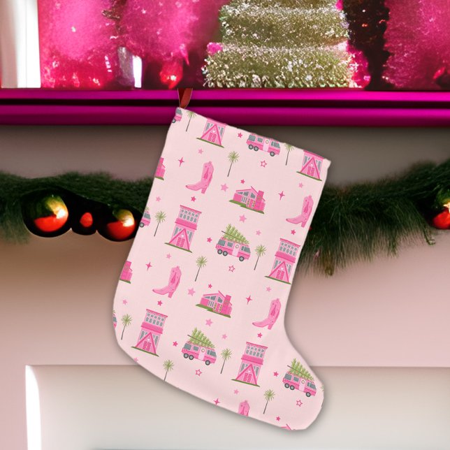 Coastal Cowgirl Boots Pink Christmas Camper Modern Large Christmas Stocking (Creator Uploaded)