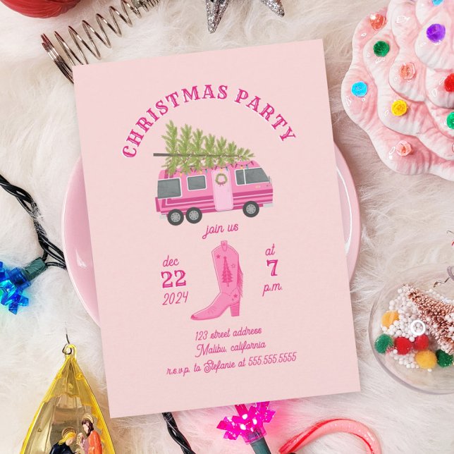 Coastal Cowgirl Christmas Party RV Pink Camper Invitation (Creator Uploaded)