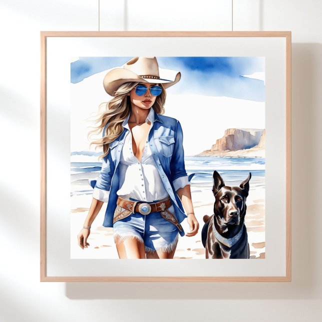 Coastal Cowgirl in Denim with Dog on the Beach Poster (Coastal cowgirl wearing denim shorts, sunglasses and a cowboy hat walking on the beach with a dog)