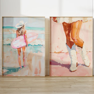 Coastal Cowgirl Oil Painting Print Set of 2