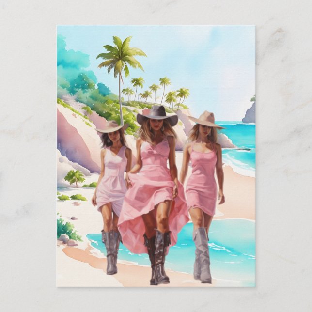 Coastal Cowgirl Pink Trio on Tropical Island Postcard (Front)