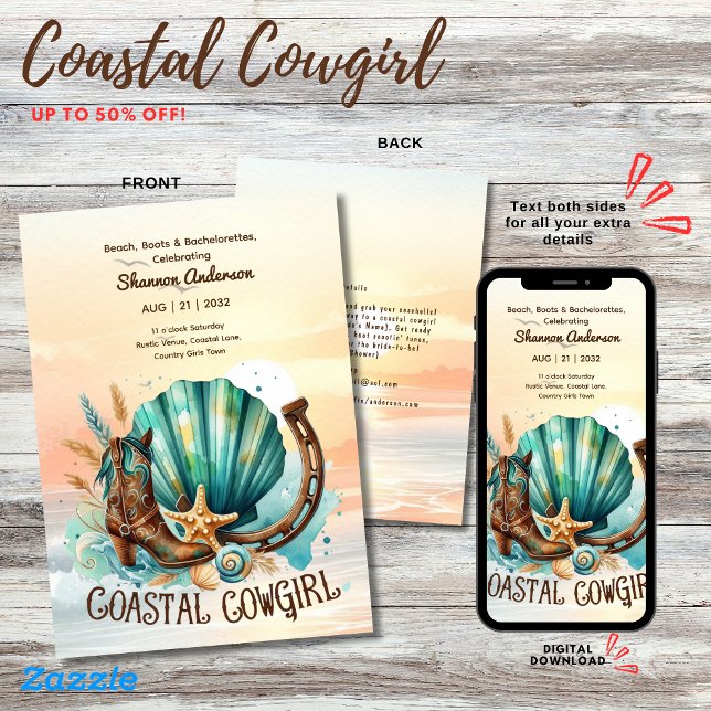 ⭐Coastal Cowgirl Rustic Beach Bachelorette Bridal  Invitation (Creator Uploaded)