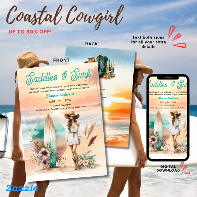⭐Coastal Cowgirl Rustic Beach Bachelorette Bridal  Invitation (Creator Uploaded)