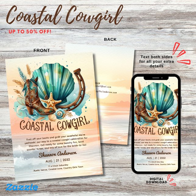 ⭐Coastal Cowgirl Rustic Beach Bachelorette Bridal  Invitation (Creator Uploaded)