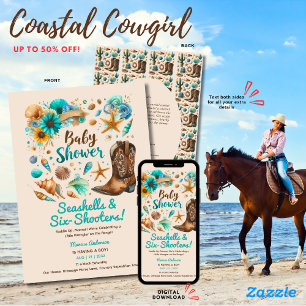⭐Coastal Cowgirl Seashells Baby Shower Teal Invitation