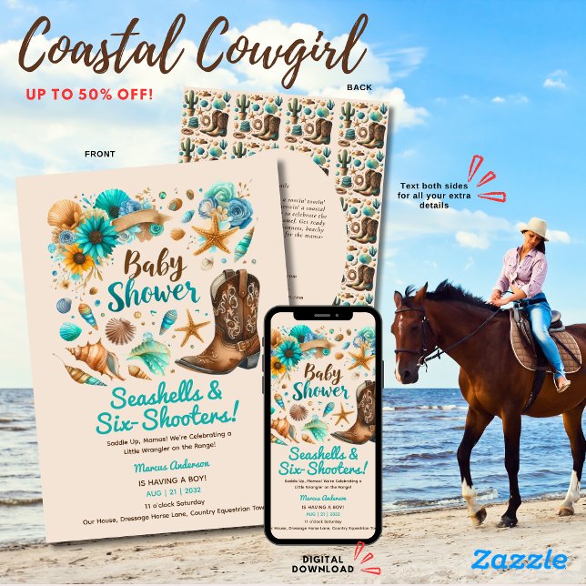 ⭐Coastal Cowgirl Seashells Baby Shower Teal Invitation (Creator Uploaded)