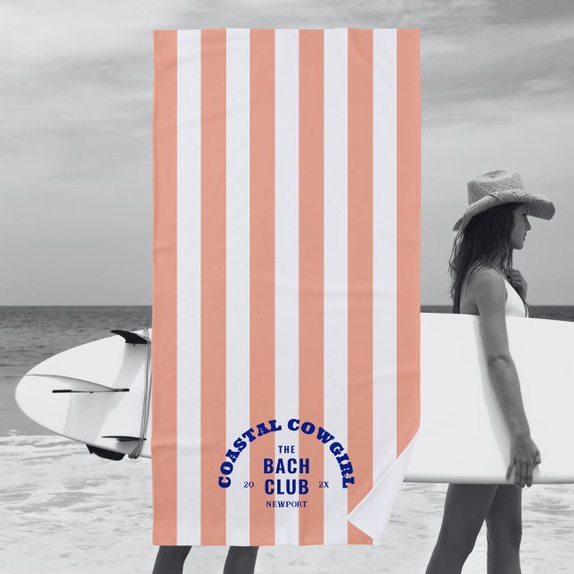 Coastal Cowgirl The Bach Club Pink Cabana Stripe Beach Towel (Creator Uploaded)