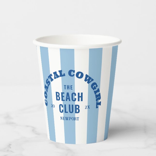 Coastal Cowgirl The Beach Club Denim Blue Stripe Paper Cups (Front)