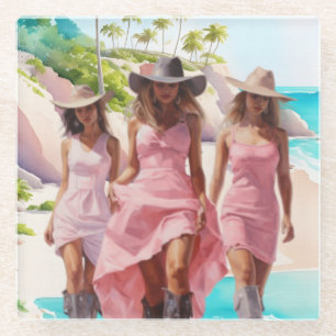 Coastal Cowgirl Trio in Colorful Pink Dresses   Glass Coaster