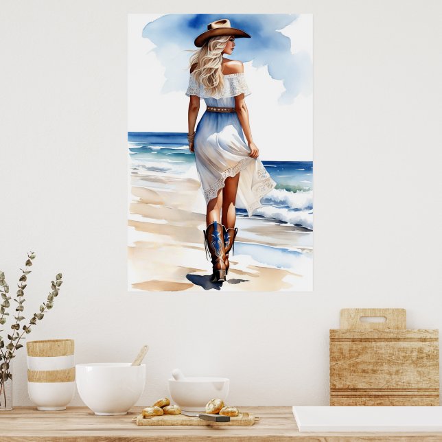 Coastal Cowgirl Walking on the Beach Watercolor  Poster (Kitchen)