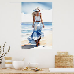 Coastal Cowgirl Walking on the Beach Watercolor Poster