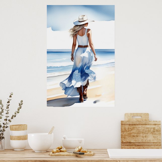 Coastal Cowgirl Walking on the Beach Watercolor  Poster (Kitchen)