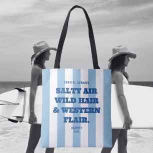 Coastal Cowgirl Western Flair Blue Cabana Stripe Tote Bag