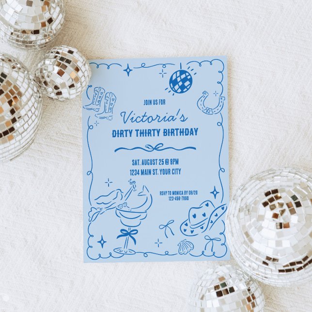 Coastal Cowgirl Whimsical Birthday Invitation (Whimsical Doodle Coastal Cowgirl Birthday Invite)