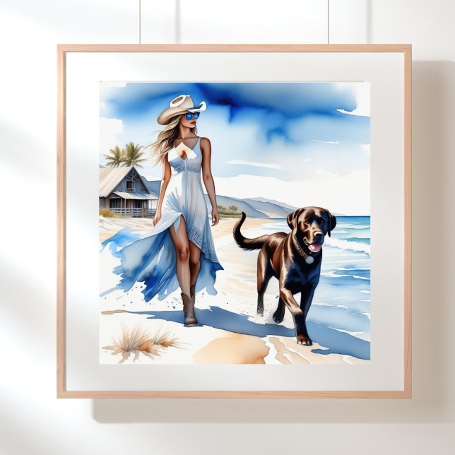 Coastal Cowgirl with Dog on the Beach Poster (Coastal cowgirl walking on the beach with a dog)