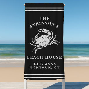 Coastal Crab Beach House Rustic Family Name Black Beach Towel