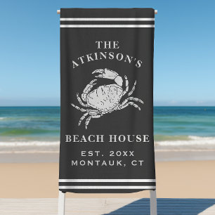 Coastal Crab Beach House Rustic Family Name Grey Towel