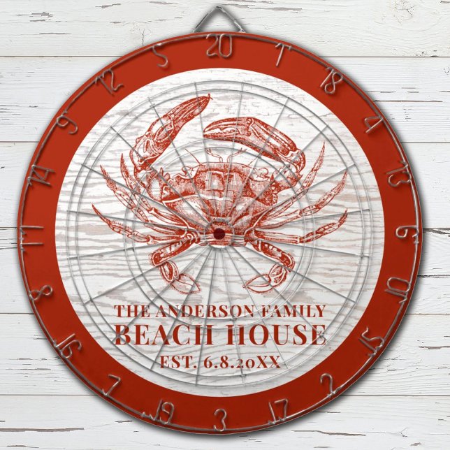 Coastal Crab Beach House Rustic Wood Family Name Dartboard (A rustic beach house dart board decorated with a red crab, and your name and established date)