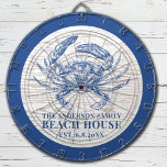 Coastal Crab Beach House Rustic Wood Family Name Dartboard<br><div class="desc">This dart board features a vintage blue crab with your family name over a faux white washed wood background. Customise with your family name and established date to make this your own unique beach house ping pong paddles. Also available are corn hole set, beer pong table and golf accessories. Designed...</div>