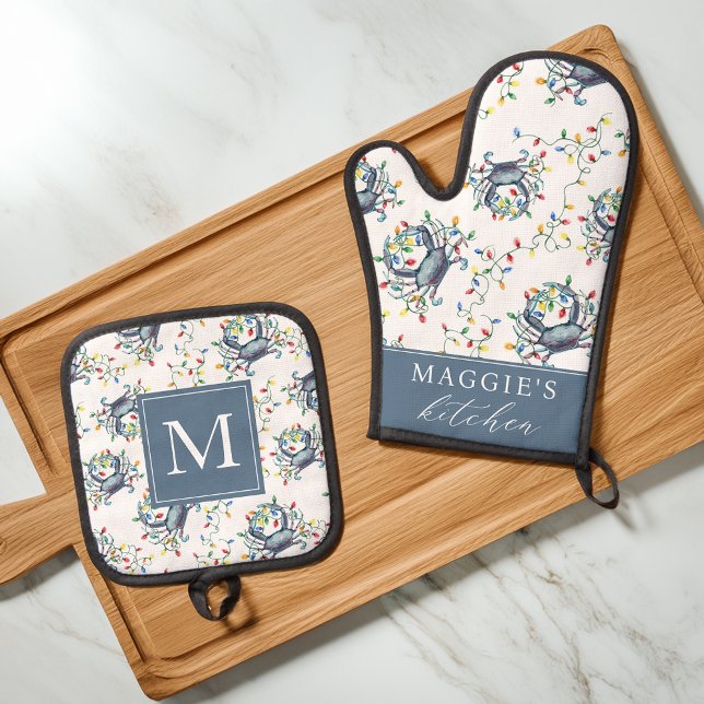 Coastal Crab Christmas Lights Personalized Oven Mitt & Pot Holder Set (Creator Uploaded)