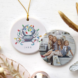 Coastal Crab Christmas Photo & Year Ceramic Tree Decoration