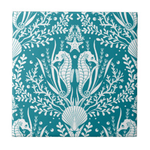 Coastal Damask Seahorses Ocean Teal Blue White Tile