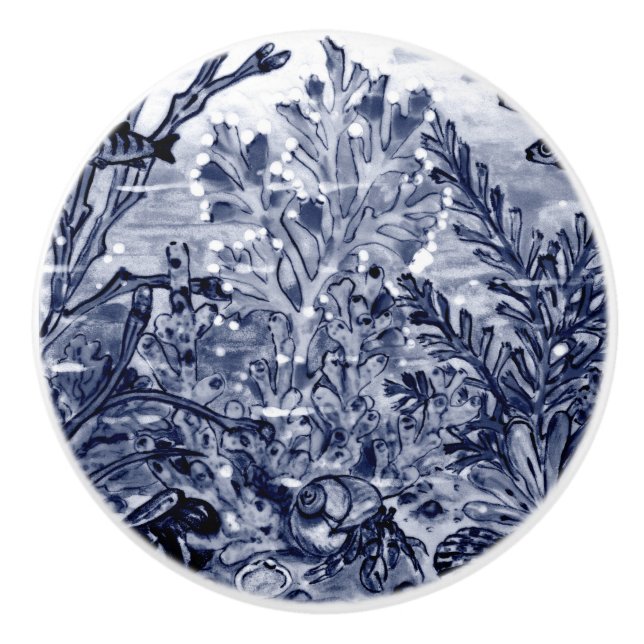 Coastal Dark Blue Sea Life Crab Shells Coral Ocean Ceramic Knob (Front)