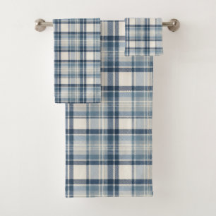Coastal Denim Blue & Cream Tartan Plaid Bath Towel Set