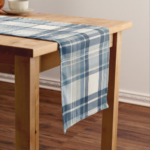 Coastal Denim Blue & Cream Tartan Plaid Short Table Runner