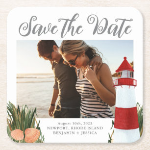 Coastal Destination Wedding Photo Save the Date Square Paper Coaster