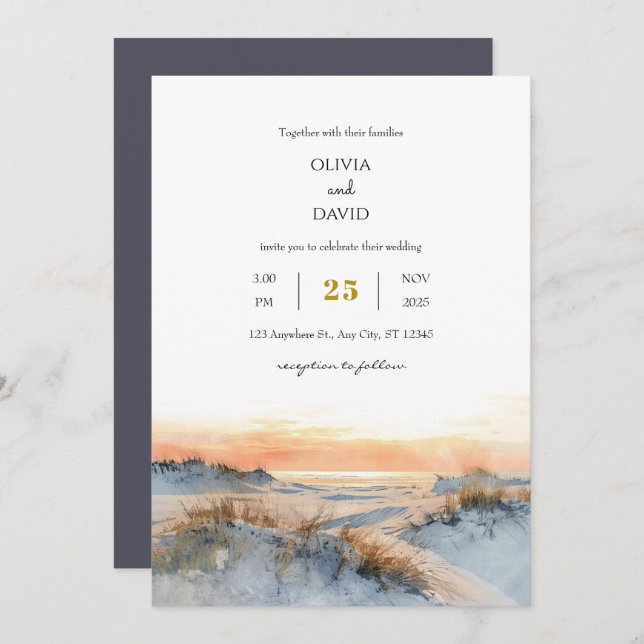 Coastal Dunes Golden Sunset Evening Beach Wedding  Invitation (Front/Back)