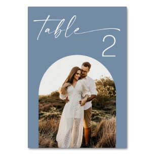 Coastal Dusty Blue Wedding   Modern Seaside Photo Table Number