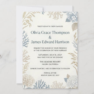 Coastal Elegance Botanical and Coral Wedding Invitation