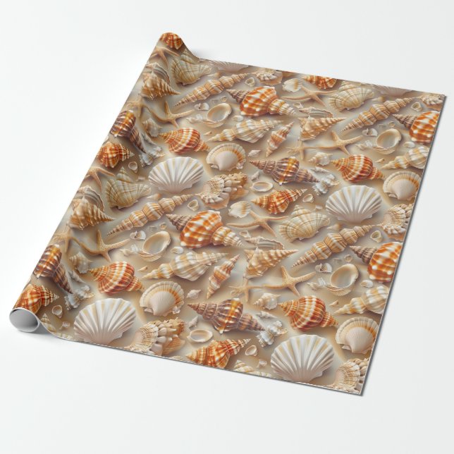 Coastal Elegance Seashell Pattern Wrapping Paper (Unrolled)