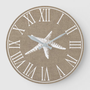 Coastal Elegant Faux Burlap & White Starfish Large Clock