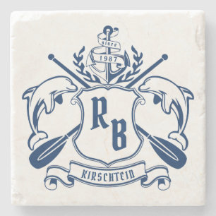 Coastal Emblem Dolphins Anchor Oar Shield Nautical Stone Coaster