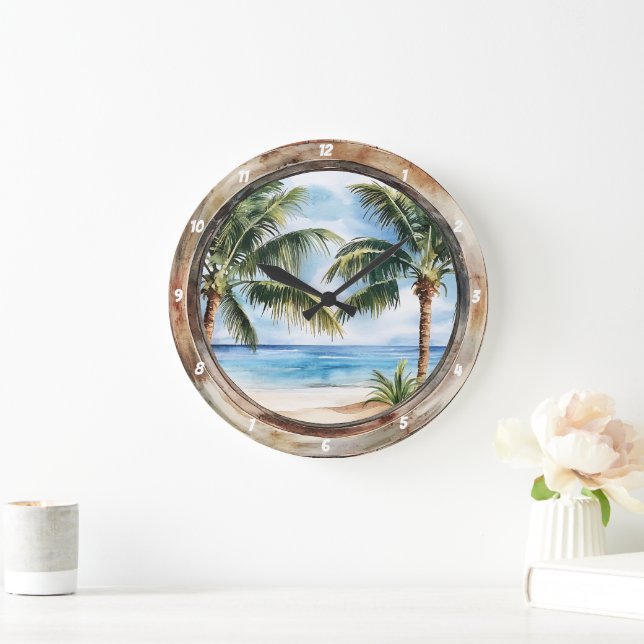 Coastal Escape" - Nautical Window Tropical  Large Clock (Home)