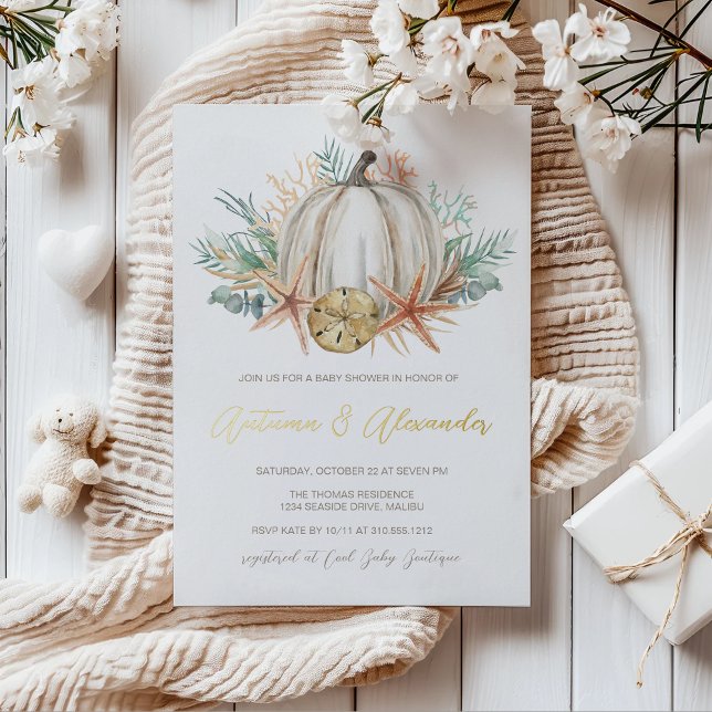 Coastal Fall Baby Shower | Watercolor Pumpkin & Se (Creator Uploaded)