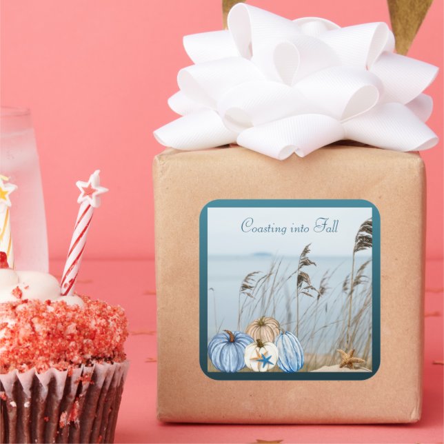 Coastal Fall Blue and White Pumpkins and Starfish  Square Sticker (Party)
