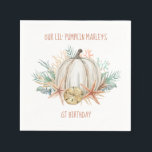 Coastal Fall Lil Pumpkin Seashells Kids Birthday Napkin<br><div class="desc">Lil Pumpkin kids birthday napkins features a watercolor pumpkin surrounded by starfish and sand dollar sea shells,  coral,  and palm and eucalyptus greenery. Perfect for fall and beach theme celebrations with earthy autumn colours that work great for a girl or boy.</div>