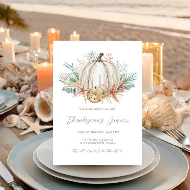 Coastal Fall Pumpkin Seashells Thanksgiving Dinner Invitation (Creator Uploaded)