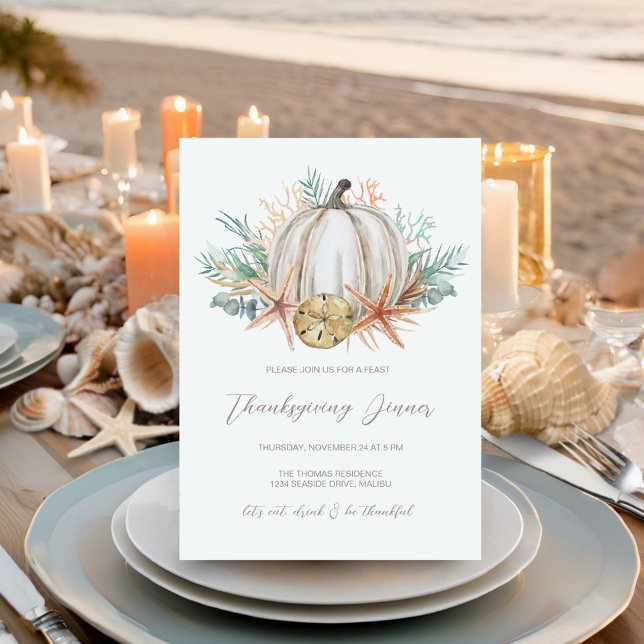Coastal Fall Pumpkin Seashells Thanksgiving Dinner Invitation (Creator Uploaded)