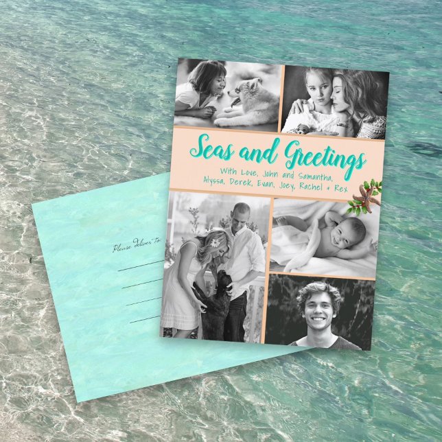Coastal Family Photo Collage Christmas Postcard (Creator Uploaded)