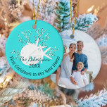 Coastal First Christmas New Home Aqua Blue Photo Ceramic Tree Decoration<br><div class="desc">Celebrate your first Christmas in your new home with this personalised aqua blue coastal beach themed ornament, featuring a glitter coral piece with sand dollar and starfish. There is a photo template on the back. *If you would like this design on more products or need design help, please contact me...</div>