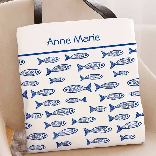 Coastal Fish Blue and White Bride Bachelorette Tote Bag (Coastal Blue Fish Tote Bag)