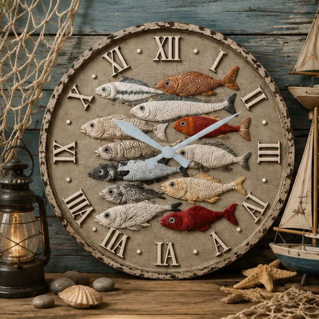 Coastal Fish  Nautical Beach House Rustic Fishing  Large Clock (Creator Uploaded)