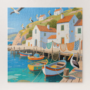 Coastal Fishing Village Pelicans Jigsaw Puzzle