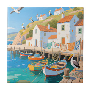 Coastal Fishing Village Pelicans Tile